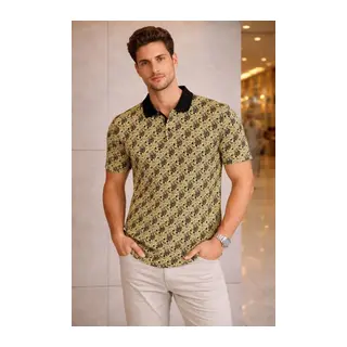 Erkek Pike Kumaş Polo Yaka Palmiye Desenli Tişört Kısa Kol Yazlık T-Shirt - Sarı
