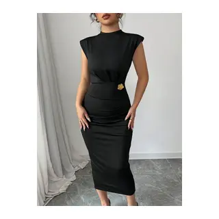 Kadın Yarı Balıkçı Yaka Kısa Kollu çicek Aksesuar Detaylı Midi Dalgıç Elbise