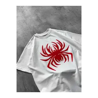 Erkek Örümcek Baskılı Tişört Kısa Kollu Bisiklet Yaka T-Shirt - Beyaz