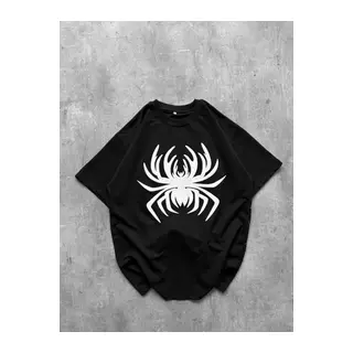 Erkek Örümcek Baskılı Tişört Kısa Kollu Bisiklet Yaka T-Shirt - Siyah