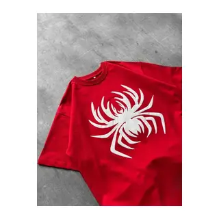 Erkek Örümcek Baskılı Tişört Kısa Kollu Bisiklet Yaka T-Shirt - Kırmızı