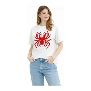 Örümcek Baskılı Tişört Kısa Kollu Bisiklet Yaka T-Shirt - Beyaz