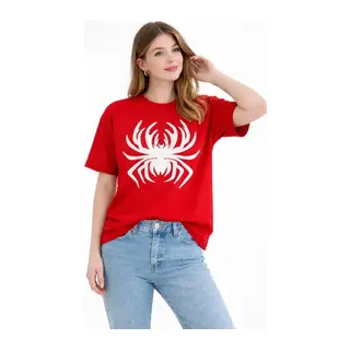 Örümcek Baskılı Tişört Kısa Kollu Bisiklet Yaka T-Shirt - Kırmızı