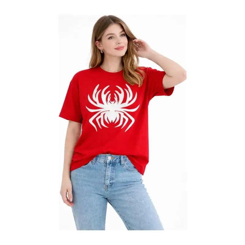 Örümcek Baskılı Tişört Kısa Kollu Bisiklet Yaka T-Shirt - Kırmızı