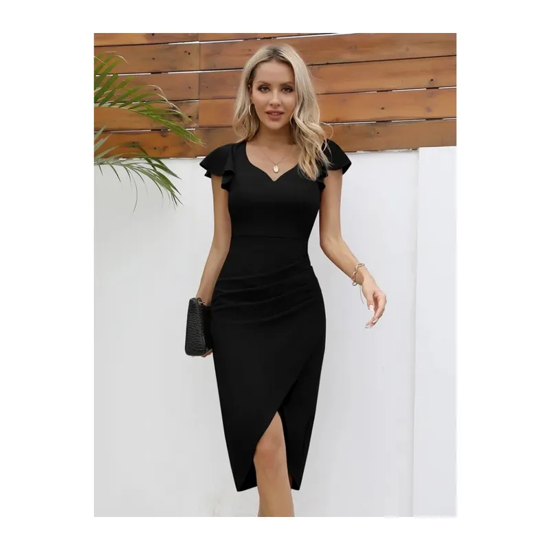 Kadın Kısa Kollu Kalp Yaka Yanlardan Büzgü Detay Midi Ithal Krep Elbise