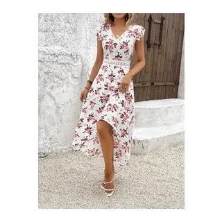 Kadın Kısa Kollu V Yakalı çiçek Desenli önü Kısa Arkası Uzun Süprem Elbise