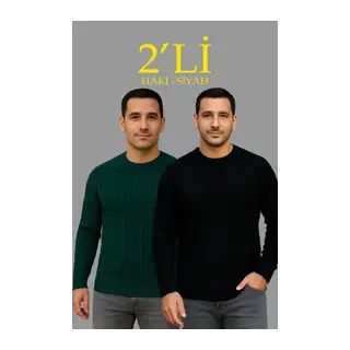 Erkek Fitilli Triko Kazak 2’li Set Siyah Haki Kalın Dokuma Pamuklu Regular Fit Bisiklet