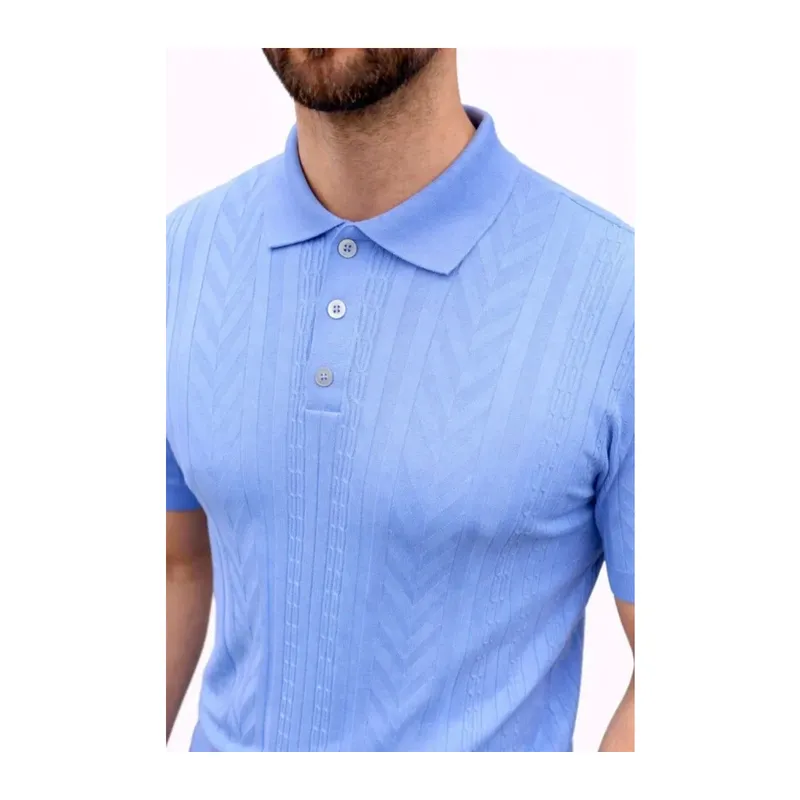 Erkek Yazlık Triko Tişört Kısa Kol Polo Yaka Düğmeli T-Shirt - Bebek Mavisi