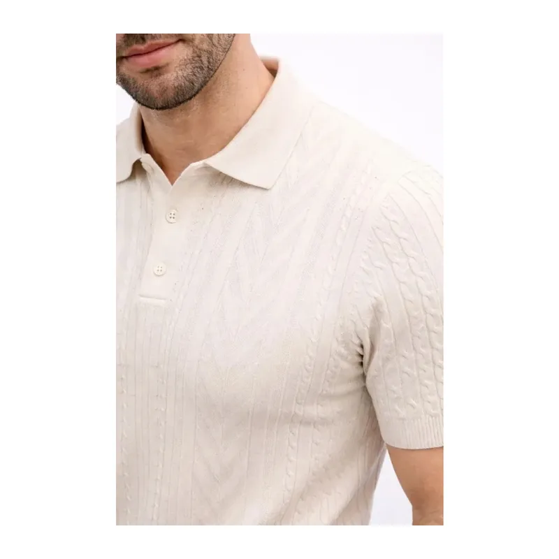 Erkek Yazlık Triko Tişört Kısa Kol Polo Yaka Düğmeli T-Shirt - Krem