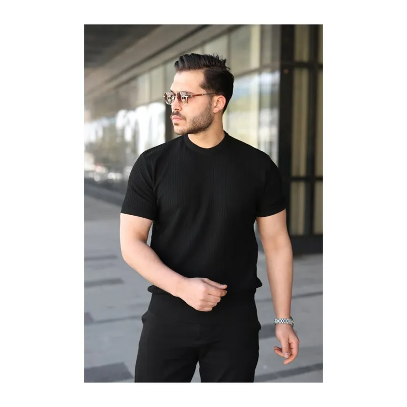 Erkek Bisiklet Yaka Petek Dokulu Kısa Kollu Triko Tişört