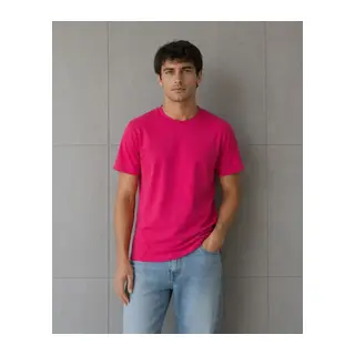 Erkek Basic Pamuklu Tişört Bisiklet Yaka Düz Renk Regular Fit T-Shirt - Fuşya