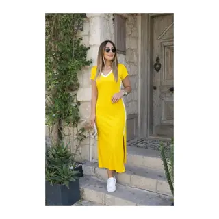 Kadın Kısa Kollu V Yakalı Yandan şerit Ve Yırtmaçlı Viskon Uzun Elbise