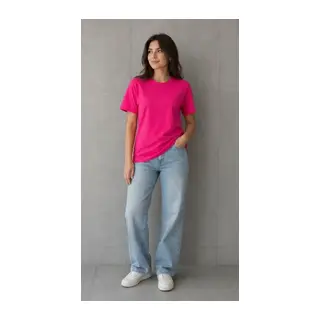 Basic Pamuklu Tişört Bisiklet Yaka Düz Renk Relaxed Fit T-Shirt - Fuşya