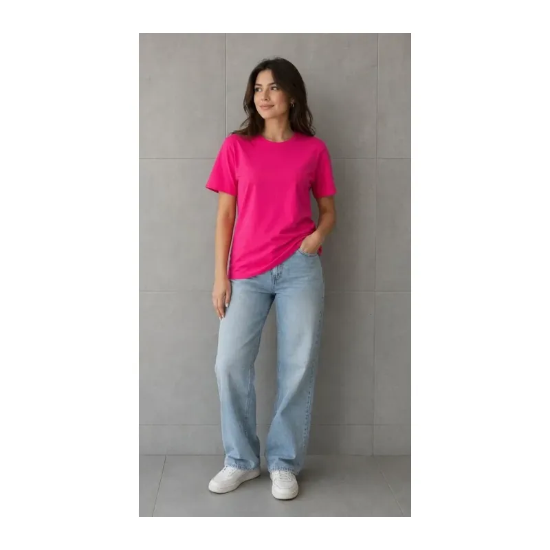 Basic Pamuklu Tişört Bisiklet Yaka Düz Renk Relaxed Fit T-Shirt - Fuşya