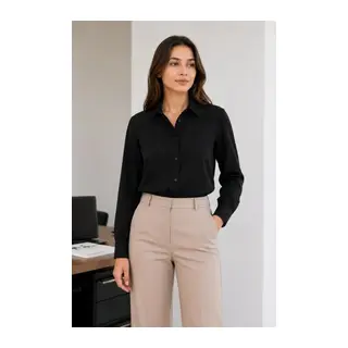 Uzun Kol Gömlek Düğmeli Klasik Yaka Günlük Ve Ofis Şıklığına Uygun - Siyah