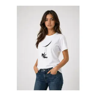 Astronot Ay Temalı Tişört Kısa Kol Yazlık Bisiklet Yaka T-Shirt - Beyaz