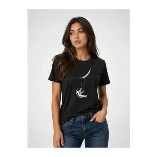 Astronot Ay Temalı Tişört Kısa Kol Yazlık Bisiklet Yaka T-Shirt - Siyah
