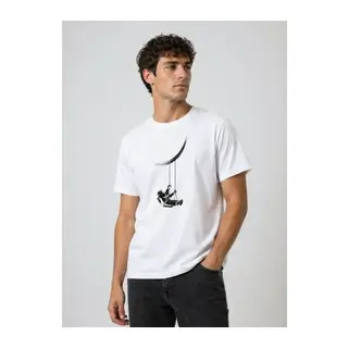 Erkek Astronot Ay Temalı Tişört Kısa Kol Yazlık Bisiklet Yaka T-Shirt - Beyaz