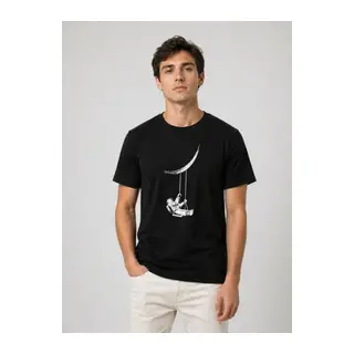Erkek Astronot Ay Temalı Tişört Kısa Kol Yazlık Bisiklet Yaka T-Shirt - Siyah