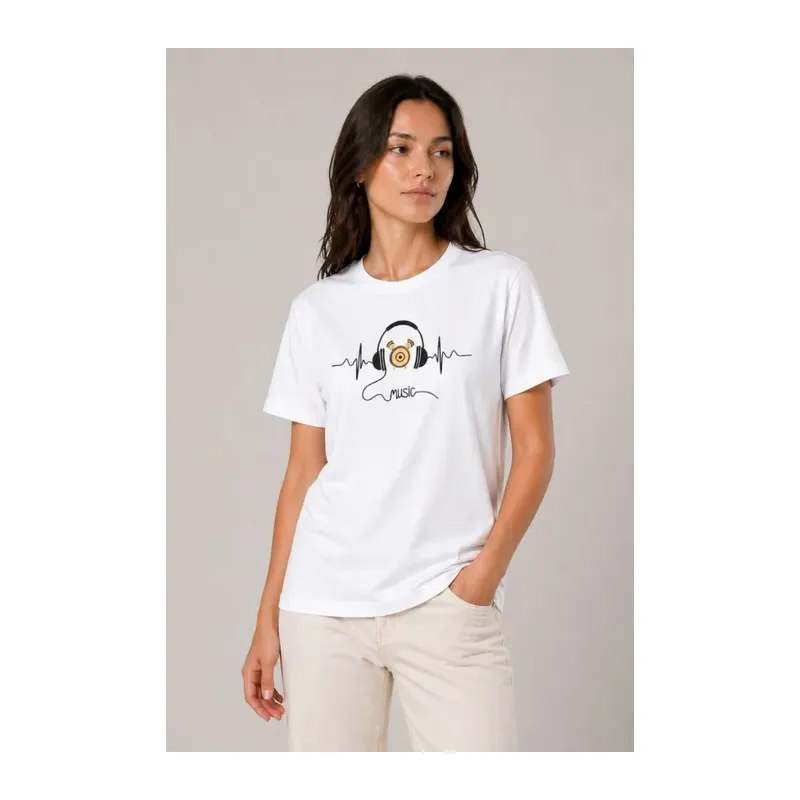 Müzik Temalı Baskılı Tişört Bisiklet Yaka Kısa Kol T-Shirt - Beyaz
