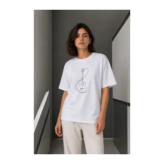 Minimal Gitar Baskılı Tişört T-Shirt Yazlık Kısa Kol Bisiklet Yaka T-Shirt - Beyaz