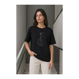 Minimal Gitar Baskılı Tişört T-Shirt Yazlık Kısa Kol Bisiklet Yaka T-Shirt - Siyah