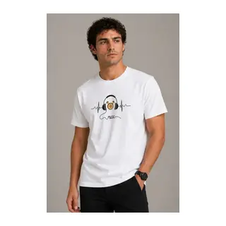 Erkek Müzik Temalı Baskılı Tişört Bisiklet Yaka Kısa Kol T-Shirt - Beyaz