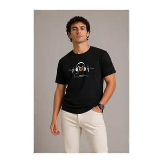 Erkek Müzik Temalı Baskılı Tişört Bisiklet Yaka Kısa Kol T-Shirt - Siyah