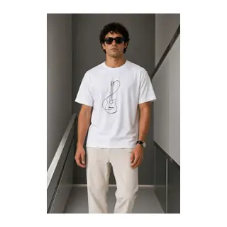 Erkek Minimal Gitar Baskılı Tişört T-Shirt Yazlık Kısa Kol Bisiklet Yaka T-Shirt - Beyaz