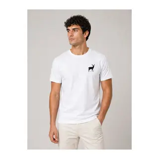 Erkek Minimal Geyik Logolu Tişört Bisiklet Yaka Kısa Kol Yazlık T-Shirt - Beyaz