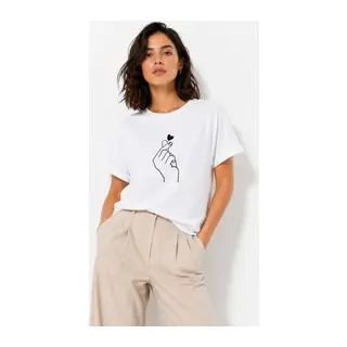 Kore Parmak Kalp Aşk Temalı Minimal Baskılı Tişört Yazlık Kısa Kol T-Shirt - Beyaz