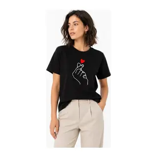 Kore Parmak Kalp Aşk Temalı Minimal Baskılı Tişört Yazlık Kısa Kol T-Shirt - Siyah