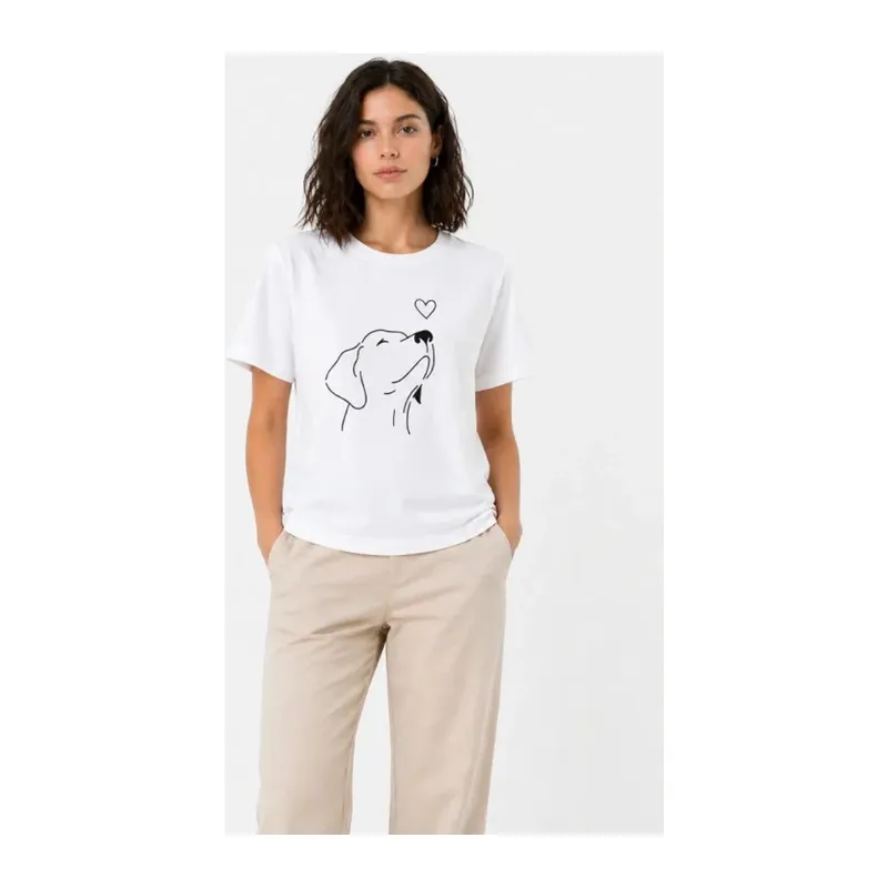 Köpek Figürlü Minimal Baskılı Tişört Kısa Kol Yazlık T-Shirt - Beyaz