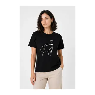 Köpek Figürlü Minimal Baskılı Tişört Kısa Kol Yazlık T-Shirt - Siyah
