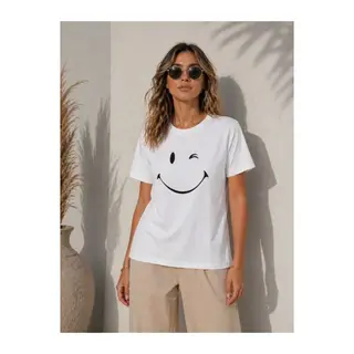 Minimal Gülümseyen Yüz Baskılı Tişört Kısa Kol Yazlık T-Shirt - Beyaz