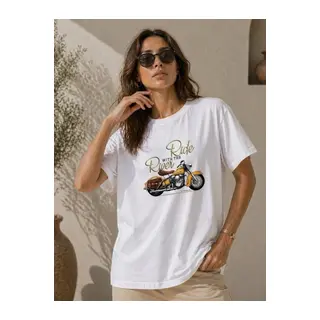 Motosiklet Baskılı Tişört Bisiklet Yaka Kısa Kol Yazlık T-Shirt - Beyaz