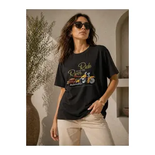Motosiklet Baskılı Tişört Bisiklet Yaka Kısa Kol Yazlık T-Shirt - Siyah
