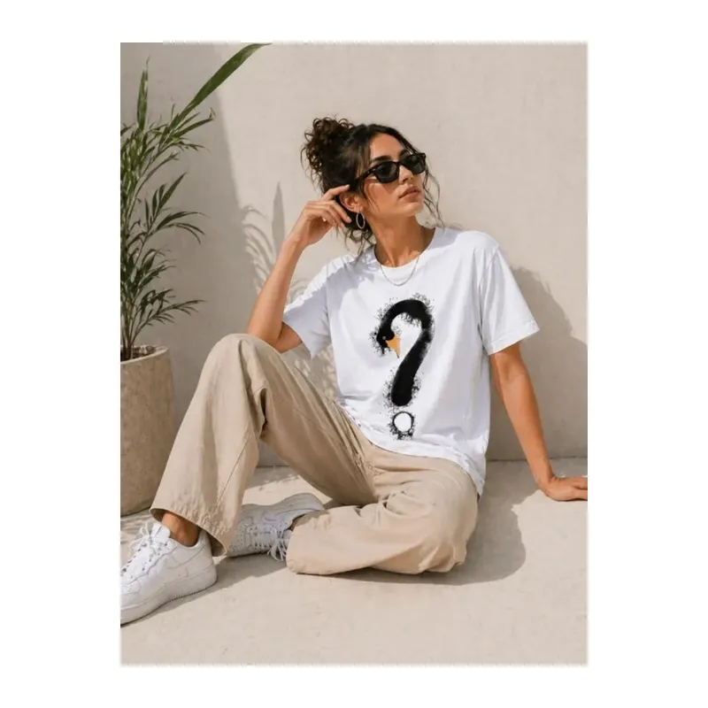 Kuğu Figürlü Soru İşareti Baskılı Tişört Kısa Kol T-Shirt - Beyaz