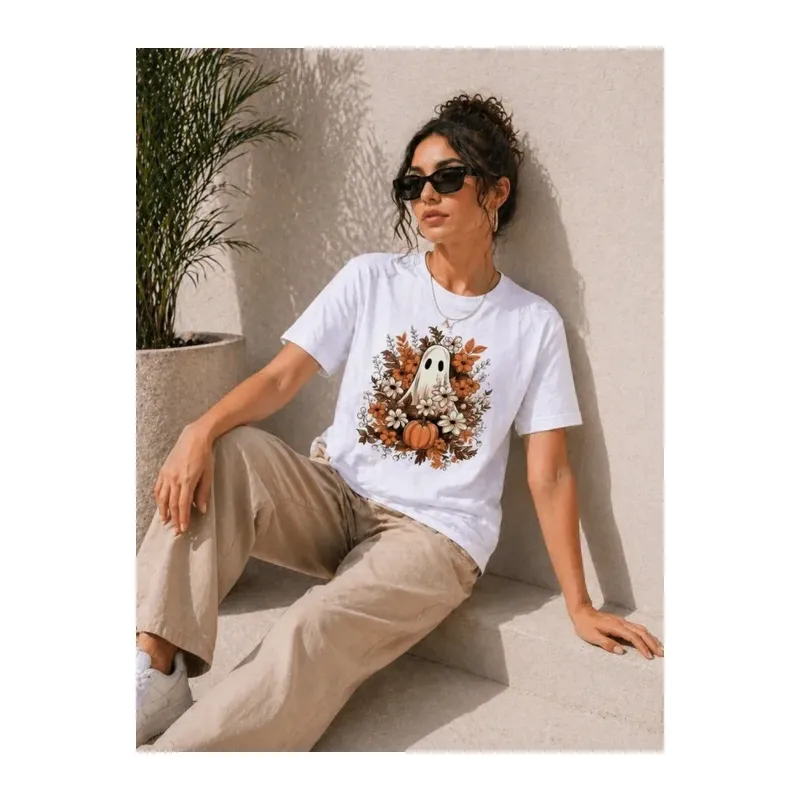 Balkabağı Hayalet Baskılı Tişört Kısa Kol Yazlık T-Shirt - Beyaz