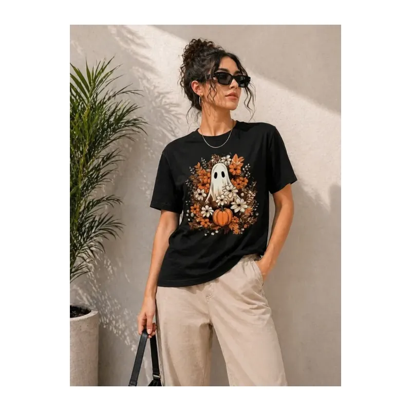 Balkabağı Hayalet Baskılı Tişört Kısa Kol Yazlık T-Shirt - Siyah
