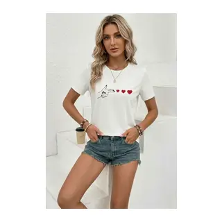 Minimal Kalp İşaret Baskılı Tişört Kısa Kol Yazlık T-Shirt - Beyaz