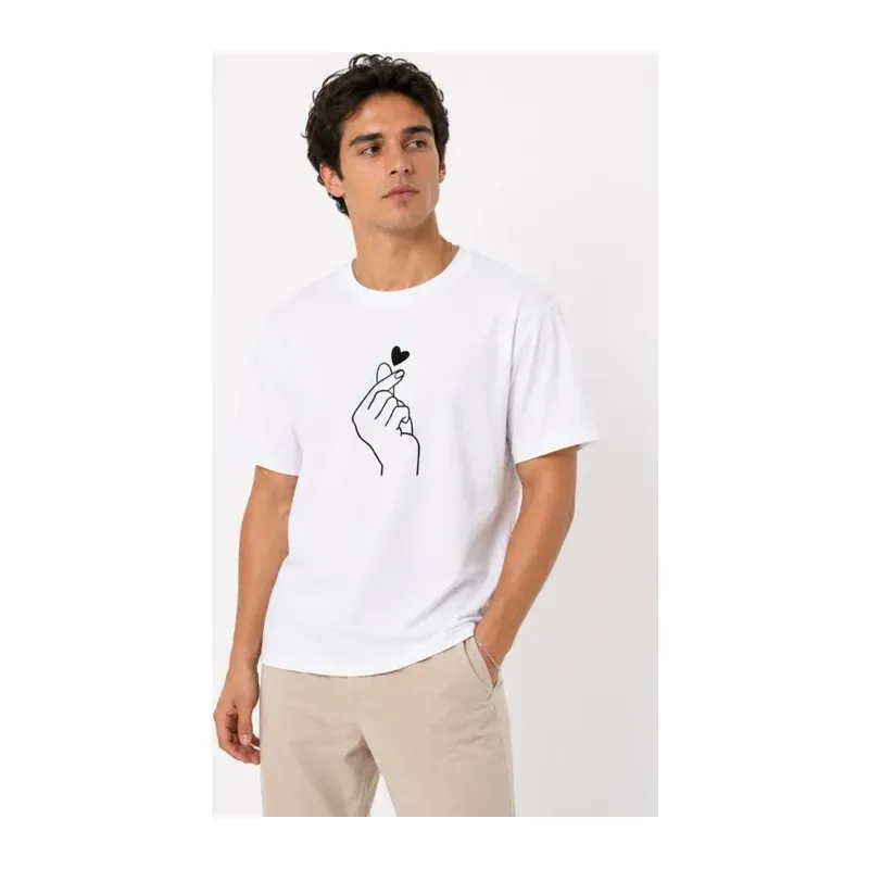 Erkek Kore Parmak Kalp Aşk Temalı Minimal Baskılı Tişört Yazlık Kısa Kol T-Shirt - Beyaz