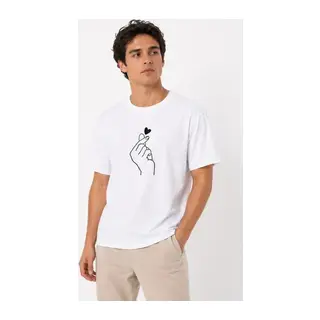 Erkek Kore Parmak Kalp Aşk Temalı Minimal Baskılı Tişört Yazlık Kısa Kol T-Shirt - Beyaz