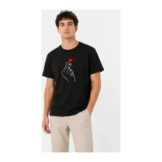 Erkek Kore Parmak Kalp Aşk Temalı Minimal Baskılı Tişört Yazlık Kısa Kol T-Shirt - Siyah