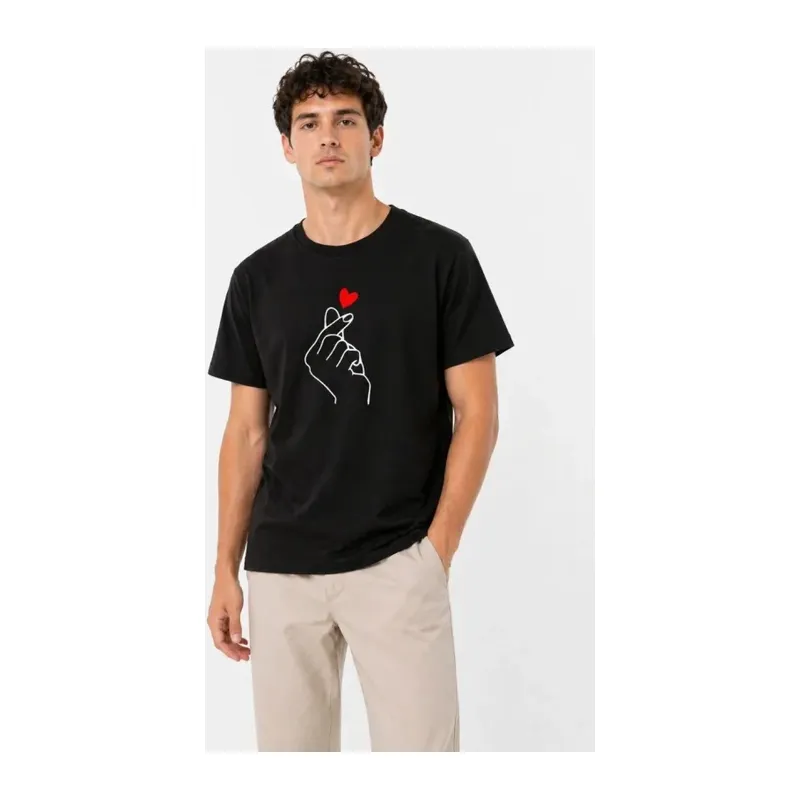 Erkek Kore Parmak Kalp Aşk Temalı Minimal Baskılı Tişört Yazlık Kısa Kol T-Shirt - Siyah