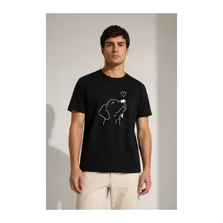Erkek Köpek Figürlü Minimal Baskılı Tişört Kısa Kol Yazlık T-Shirt - Siyah