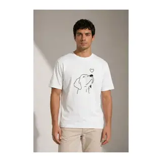 Erkek Köpek Figürlü Minimal Baskılı Tişört Kısa Kol Yazlık T-Shirt - Beyaz
