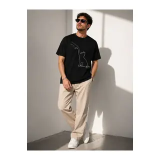 Erkek Minimal Kedi Çizim Baskılı Tişört Kısa Kol Yazlık T-Shirt - Siyah