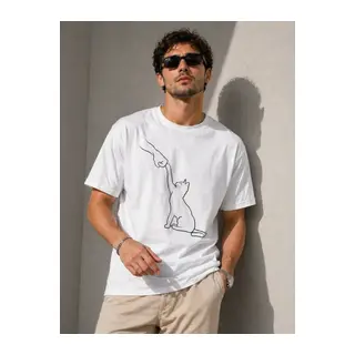 Erkek Minimal Kedi Çizim Baskılı Tişört Kısa Kol Yazlık T-Shirt - Beyaz