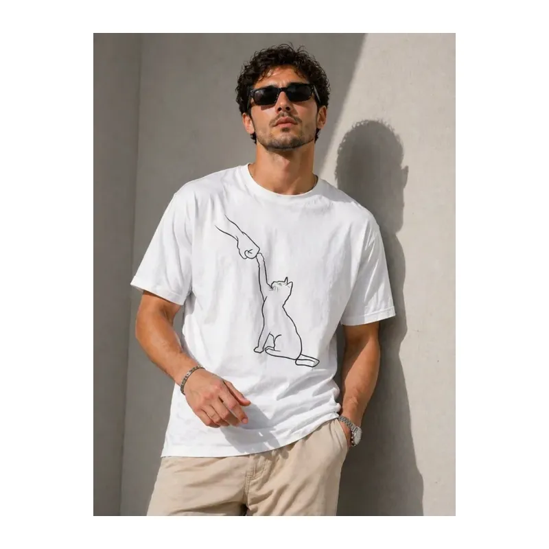 Erkek Minimal Kedi Çizim Baskılı Tişört Kısa Kol Yazlık T-Shirt - Beyaz